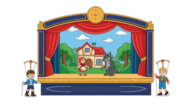 Traditional puppet theater stage featuring characters of Little Red Riding Hood and the wolf with young boys operating the puppets.