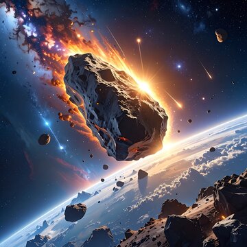 A massive asteroid hurtles through space, leaving a trail of flames and debris