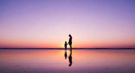 Fototapeta premium Silhouette of and child on beach at sunset mother's day background wallpaper poster banner download 2026 2027
