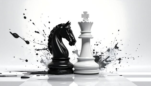 A dramatic chess scene with a black knight and white king