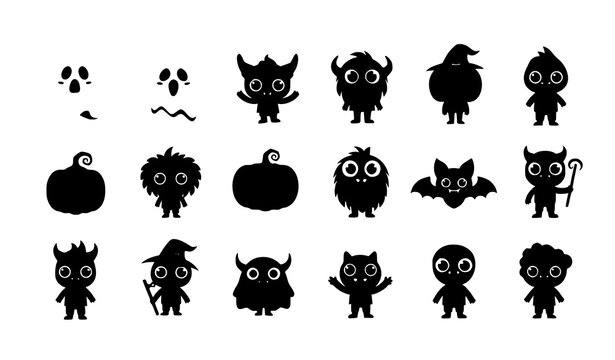 Cute Halloween monster character icon set flat color childish spooky creatures vector isolated on white background