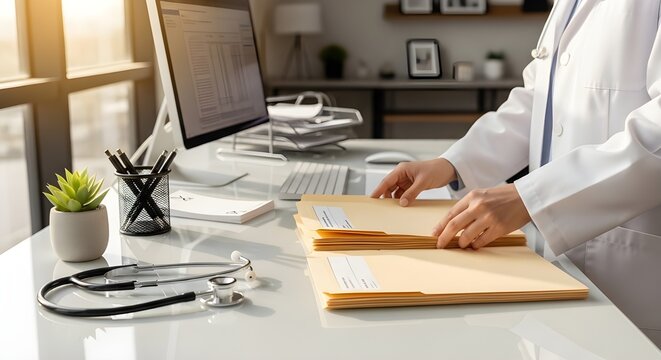El m&eacute;dico gestiona los documentos de la historia cl&iacute;nica en un mostrador de consulta del hospital.
