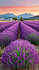 Fototapeta premium Lavender field rows blooming at sunset in provence
