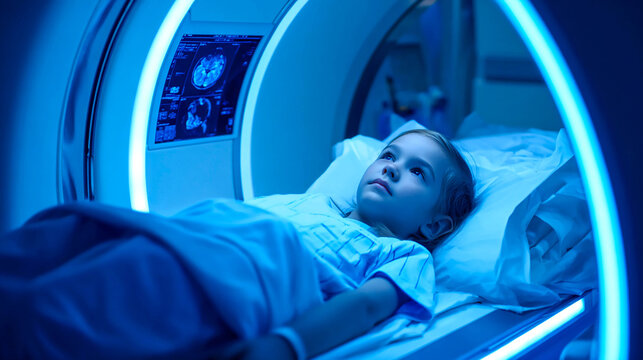 A small child lies on the table of an MRI machine in the soft blue light of the tomograph, the concept of pediatric medicine, magnetic resonance diagnostics, child health care