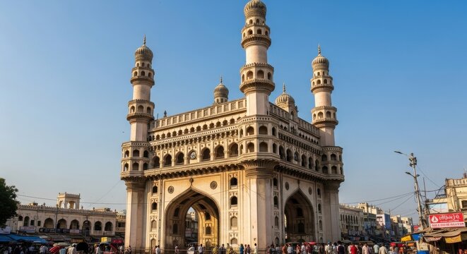 Charminar Monument in Hyderabad, India, Under Blue Sky.