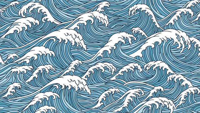 Traditional Japanese style ocean wave pattern featuring stylized blue water and white foam in a woodblock print aesthetic.