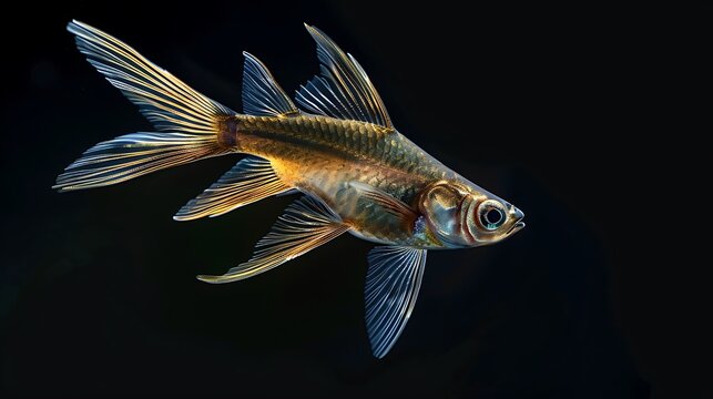 A solitary silver fish with delicate fins swims gracefully in dark water.