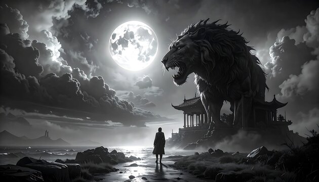 A lone figure stands before a colossal lion-like beast on an ornate structure beneath a radiant moon. Atmospheric black and white scene