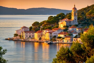 Naklejka premium Sudurad coastal village with church tower at sunset