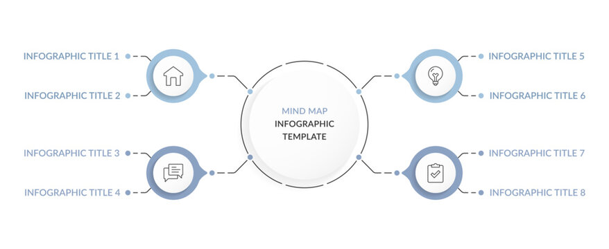 Infographic template designed as a mind map with a central circle and eight connecting nodes