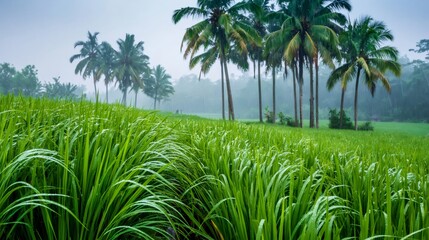 Obraz premium Green rice paddies in tropical rain with palm trees