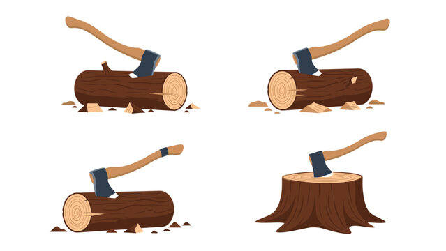 Sequence of illustrations showing a metal axe splitting a wooden log and an axe embedded in a tree stump on white.