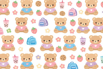 Fototapeta premium Seamless cute teddy bear pattern, kawaii bear background, kids nursery design, cartoon animal illustration, playful pastel pattern, decorative textile print, sweet character design, children wallpaper