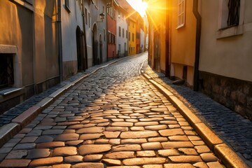 Naklejka premium Cobblestone street disappearing into bright golden hour light
