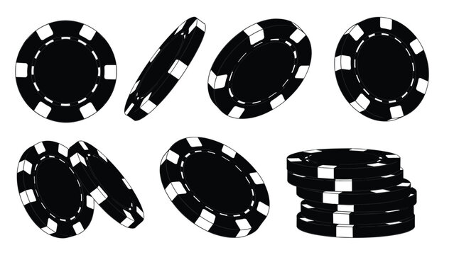 Set of black and white casino poker chips in various angles and a stacked pile isolated on a clean white background.