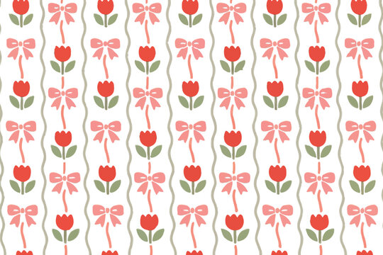Seamless tulip bow stripe pattern, floral vertical design, cute flowers background, feminine pastel wallpaper, decorative botanical illustration, repeating stripe pattern, romantic textile print