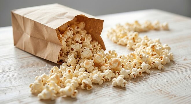 Spilled popcorn from brown paper bag on wooden table, casual snack food concept with soft natural light