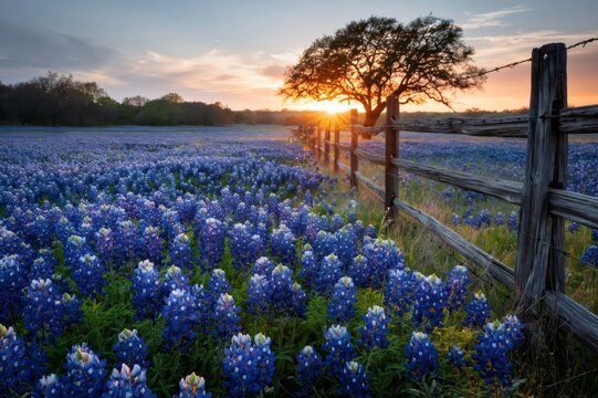 Texas bluebonnets field at sunset with old wooden fence