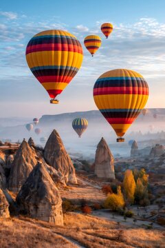 Hot air balloons flying over cappadocia valley at sunrise