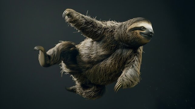 Sloth hangs suspended in motion against a dark, textured backdrop with soft lighting.