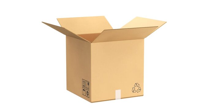 Cardboard box opening closing and rotation - 3D animation isolated on white background
