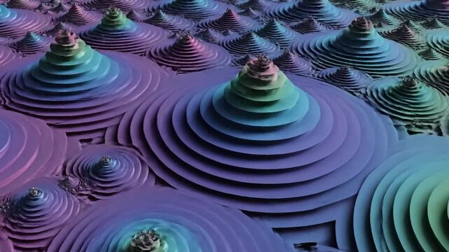 Abstract fractal background with layered animated circles forming a topographic map terrain pattern, high resolution 4K digital backdrop with fluid motion and geometric texture design.