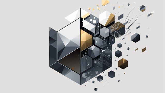A 3D geometric illustration of a cube with fragmented and exploded polygonal shapes in shades of gray and gold on a light gray background