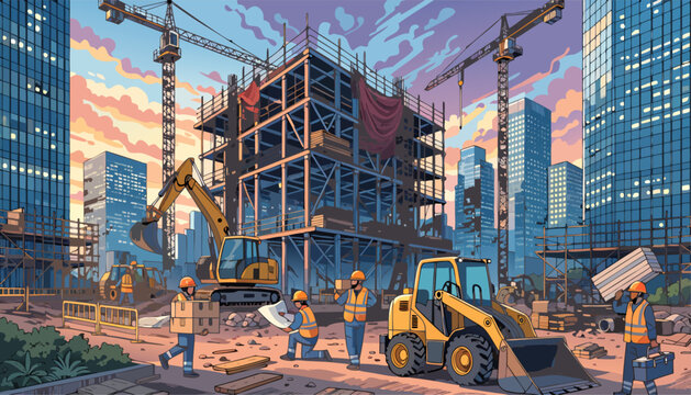A vibrant illustration of construction workers building a modern skyscraper in an urban cityscape with heavy machinery and cranes at sunset