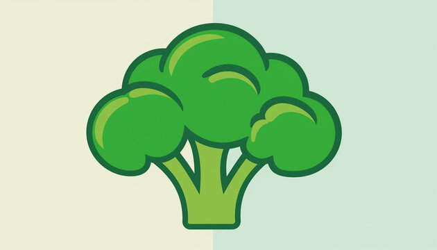 A vibrant, cartoon-style illustration of a single green broccoli floret with a dark outline, set against a split light green and beige background.