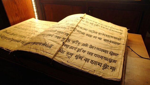 Ancient Sanskrit palm leaf manuscript, carefully calligraphed with historical text, presented open on a wooden surface, evoking deep cultural heritage and spiritual wisdom.