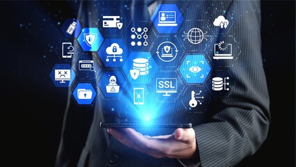 Fototapeta premium Data privacy and cyber security icons show encryption, data privacy safeguards, and cyber security defense. Data privacy ensures cyber security protection and access control. Gist