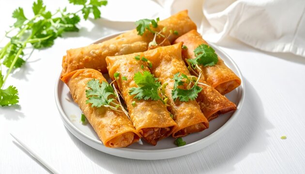 Platter of Crispy Fried Spring Rolls with Golden Brown Wrappers and Fresh Cilantro Garnish