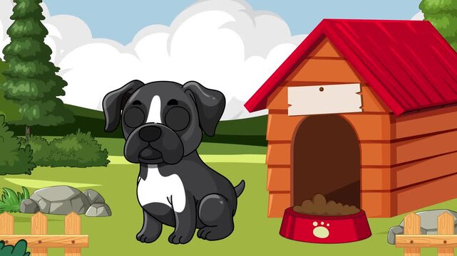 Cartoon Black Boxer Dog Sitting Outside Wooden Doghouse in Forest