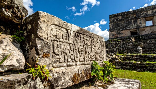 Intricately carved Mayan glyph stone stele fragment with lush green vegetation and ancient ruins