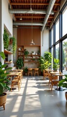Fototapeta premium Experience sustainable dining in a serene eco indoor space with modern design and lush plants powered by solar energy