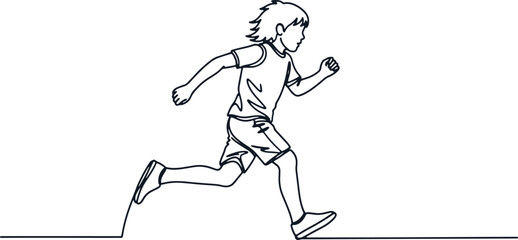 Fototapeta premium Dynamic line drawing of a young boy running with determination on a checkered background.