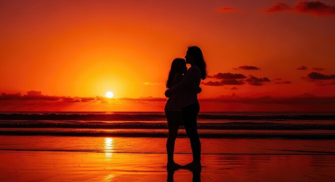 Silhouette of mother and daughter on beach at sunset mother's day background wallpaper poster banner download 2026 2027