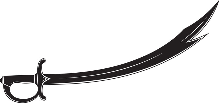 Black scimitar sword, curved blade, fantasy weapon, medieval illustration, vector icon