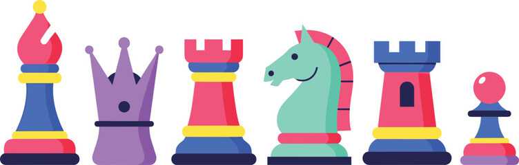  Whimsical Colorful Stylized Chess Pieces Illustration Set © MdRiazul