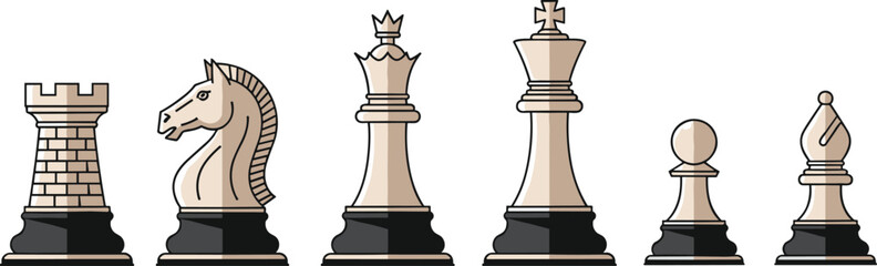  Classic Chess Pieces Set Featuring Rook Knight Queen King Pawn and Bishop Vector Illustration for Strategy Game Designs © MdRiazul