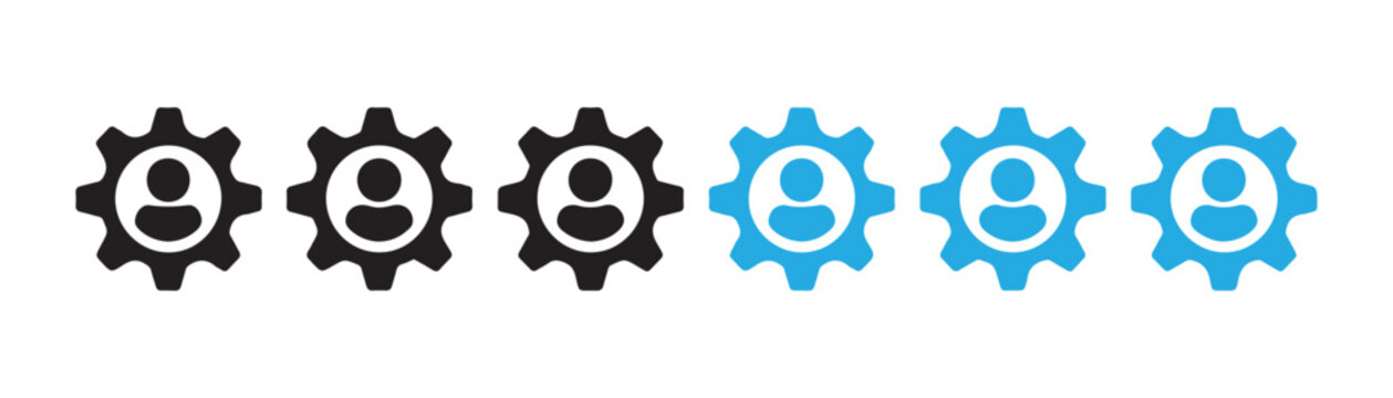 Gear icons with person silhouette symbolizing user settings profile management and account preferences service gear configuration.