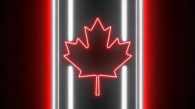 Glowing red neon canadian maple leaf symbol on a dark abstract background