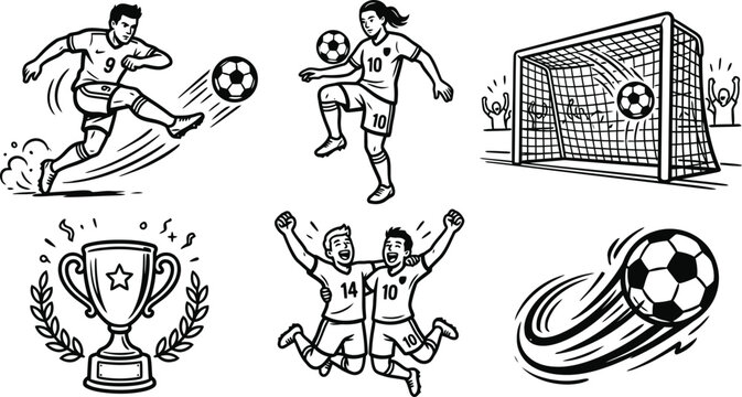 Black and white drawing of soccer players and a trophy  And FIFA World Cup 2026, FIFA World Cup, World Cup.