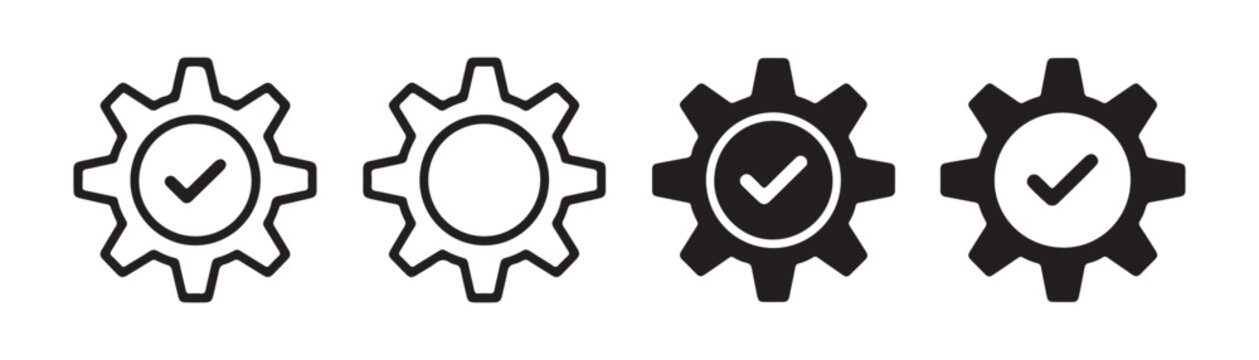 Set of four gears with checkmarks on transparent background symbolizing success and completion.
