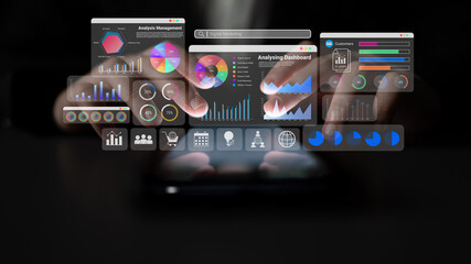 Fototapeta premium Multiple analytics dashboards with charts and graphs representing marketing data, SEO insights, and performance management Parse