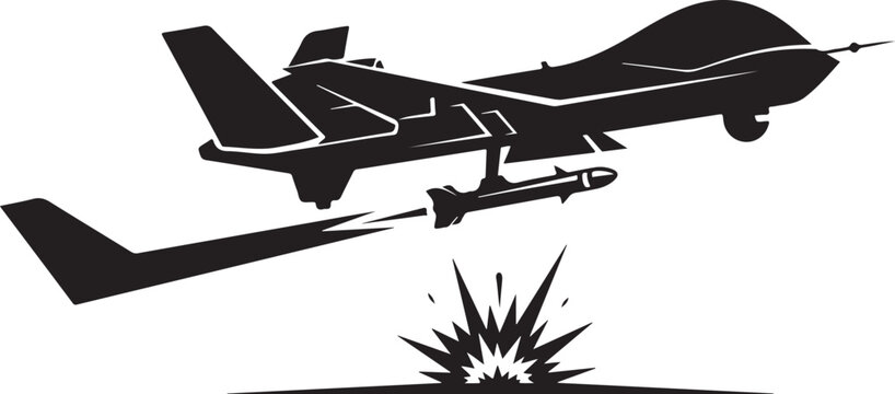 Military drone, combat aircraft, black silhouette, explosion, missile launch, vector icon