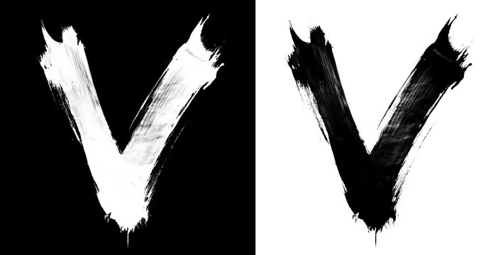 Brushstroke letter V in bold grunge style on split isolated black and white background, symbolizing contrast and creativity