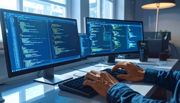 A person working on computer with two monitors