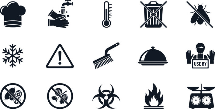 Set of dark icons for food safety and hygiene, warning signs, cleaning and storage symbols.