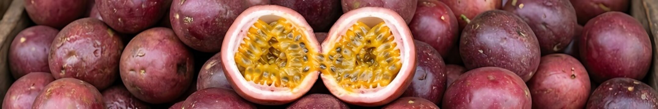 Buah Markisa segar dibelah dua di atas tumpukan markisa yang banyak